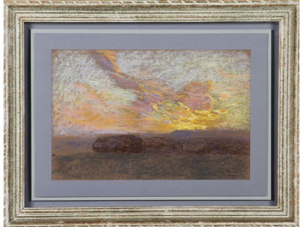 Claude FIRMIN (1864-1944) : Le champ au coucher de soleil. Pastel signé en bas à droite et daté 1909. Dim : 32 x 48 cm.