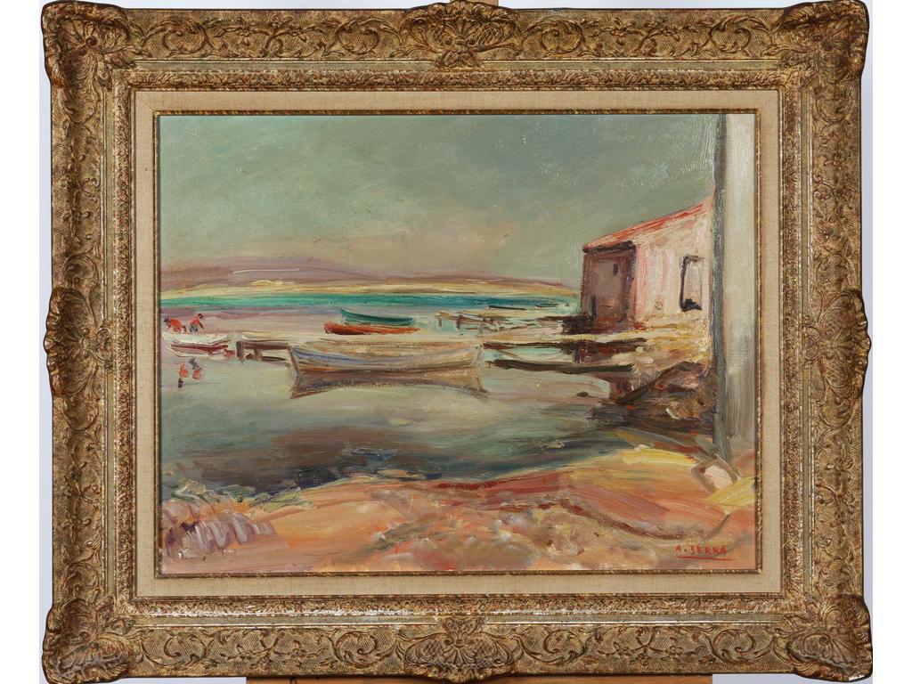 Antoine SERRA (1908-1995) : Pêcheurs. Huile sur toile signée en bas à droite. Dim : 50 x 66 cm.