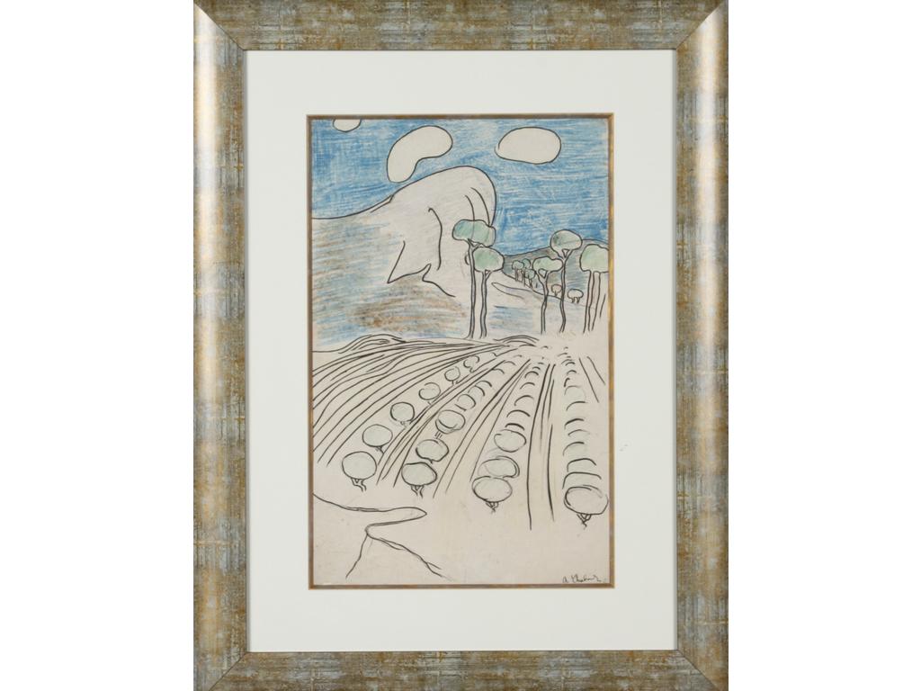 Auguste CHABAUD (1882-1955) : L'oliveraie et les grands pins. Dessin à l'encre et pastel signé en bas à droite. (Petites déchirures sur les bords du papier). Dim : 48 x 31 cm.