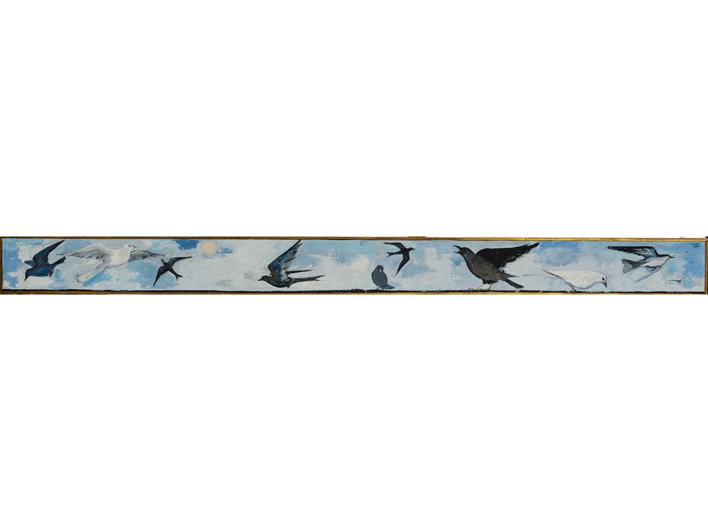 Jane EAKIN (1919-2002) : Oiseaux. Huile sur toile de format horizontal, signée en haut à gauche. ( Une ancienne restauration). Dimensions : 15 x 200 cm.