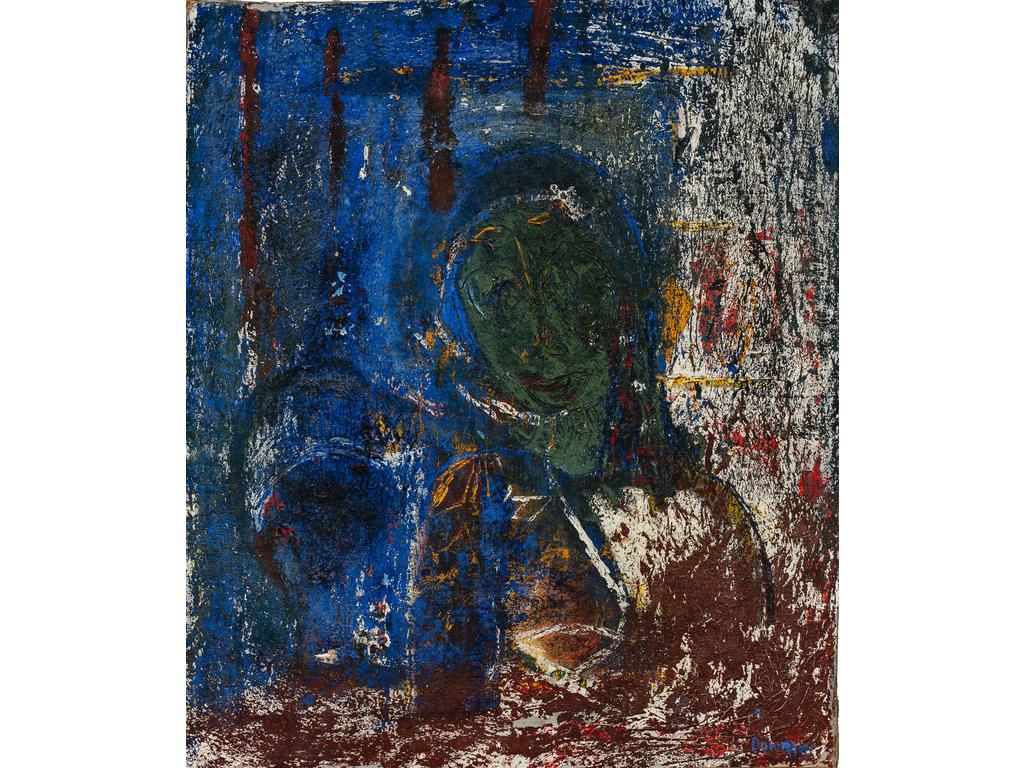 Joe DOWNING (1925-2007) : Vierge à l'enfant. Huile sur toile signée en bas à droite (accidents) . Dim : 60 x 50 cm. Provenance : atelier de l'artiste à Ménerbes dans le Lubéron.