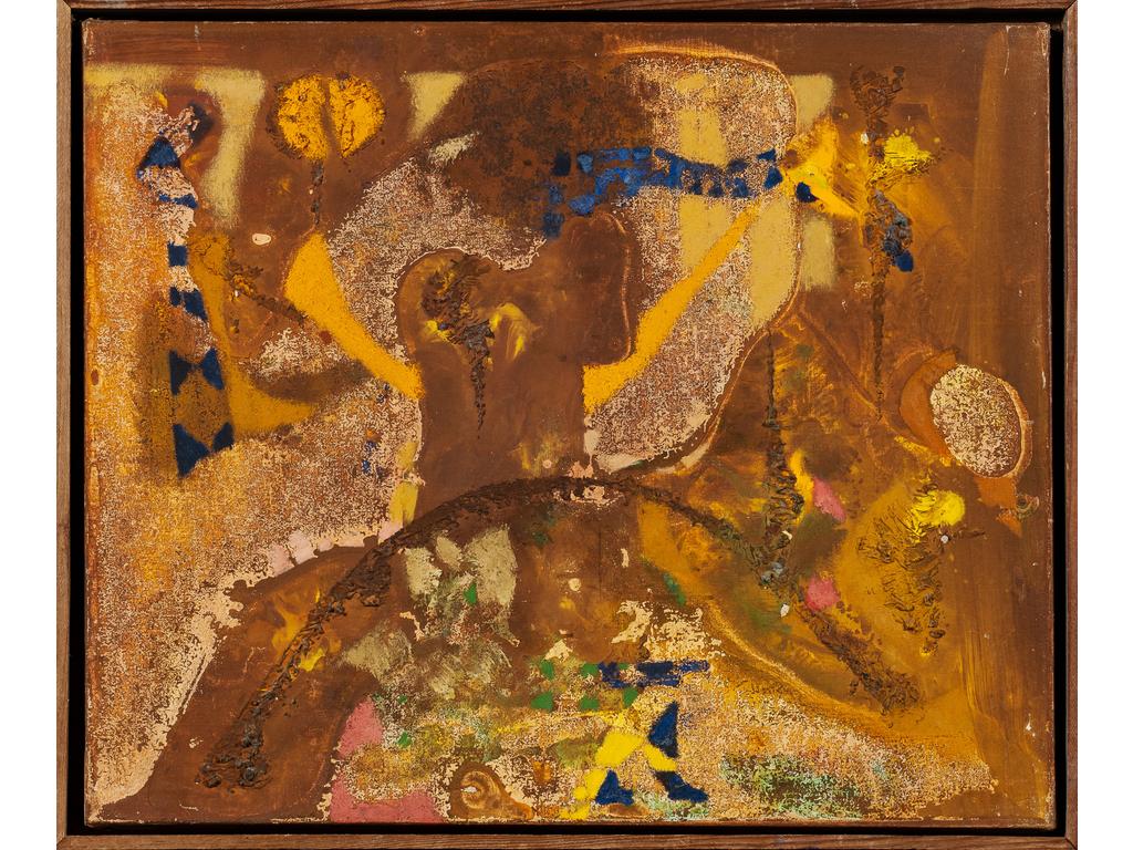 Joe DOWNING (1925-2007) : Composition abstraite sur fond ocre. Huile sur toile. Non signée. Dim : 54 x 65 cm. Provenance : atelier de l'artiste à Ménerbes dans le Lubéron.