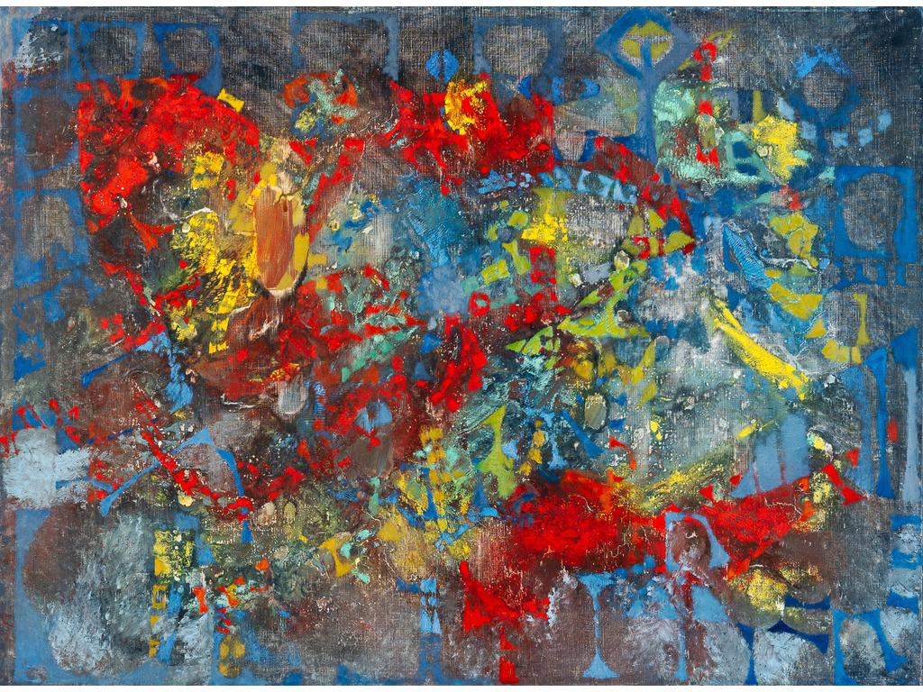 Joe DOWNING (1925-2007) : Grande composition abstraite sur fond bleu. Huile sur toile. Non signée. Dim : 97 x 130 cm. Provenance : atelier de l'artiste à Ménerbes dans le Lubéron.