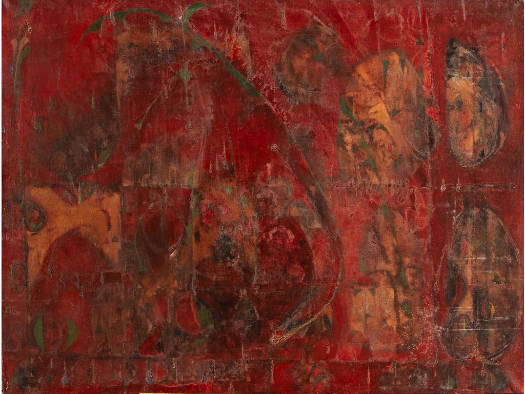 Joe DOWNING (1925-2007) : Grande composition abstraite rouge. Huile sur toile. Non signée. Provenance : atelier de l'artiste à Ménerbes dans le Lubéron. Dim : 96.5 x 129.5 cm.