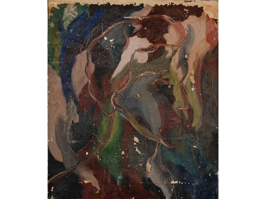 Joe DOWNING (1925-2007) : Visage. Huile sur toile non signée (saut de peinture). Dim : 45 x 39 cm. Provenance : atelier de l'artiste à Ménerbes dans le Lubéron.