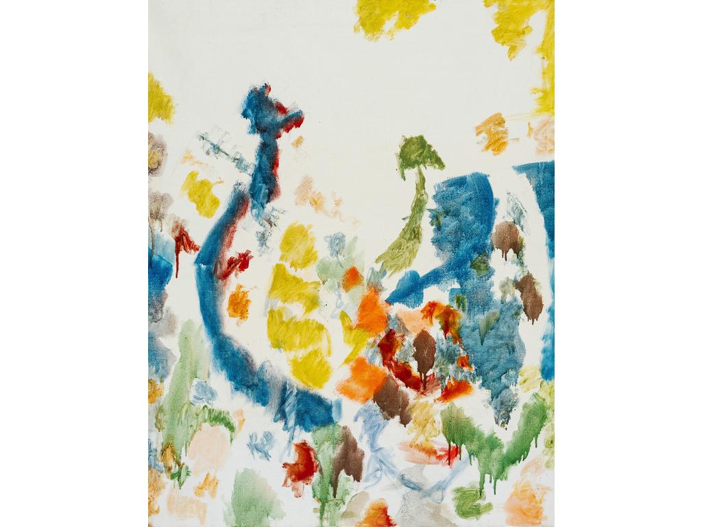 Joe DOWNING (1925-2007) : Composition sur fond blanc. Huile sur toile non signée. Dim : 92 x 73 cm. Provenance : atelier de l'artiste à Ménerbes dans le Lubéron.