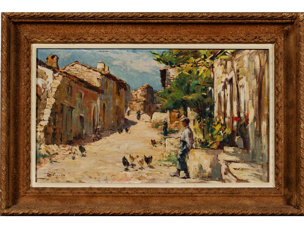 Charles VIONNET (1858-1923) : Une rue à Villeneuve les Avignon. Huile sur carton signée en bas à gauche. Dim : 32.5 x 55 cm.