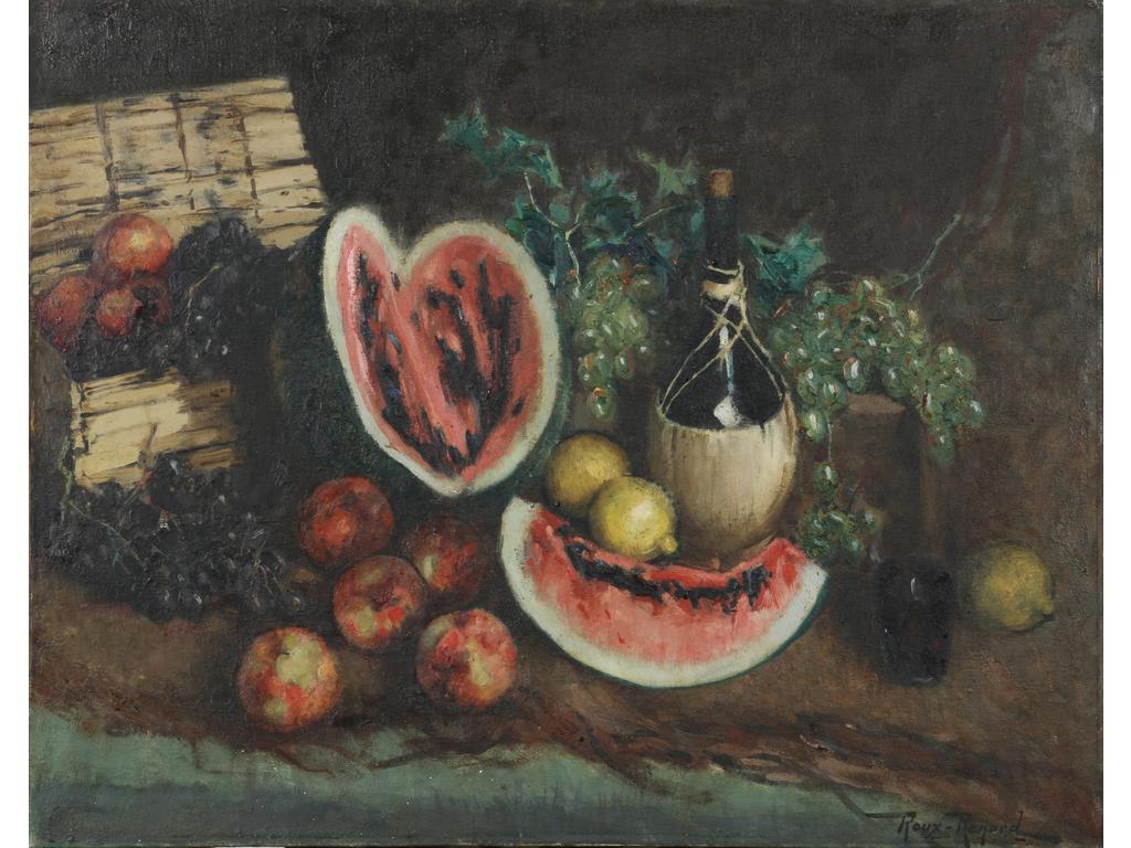 Antonin Marius ROUX RENARD (1870-1936) : Nature morte à la pastèque. Huile sur toile signée en bas à droite. (Sans cadre). Dim : 73 x 92 cm.