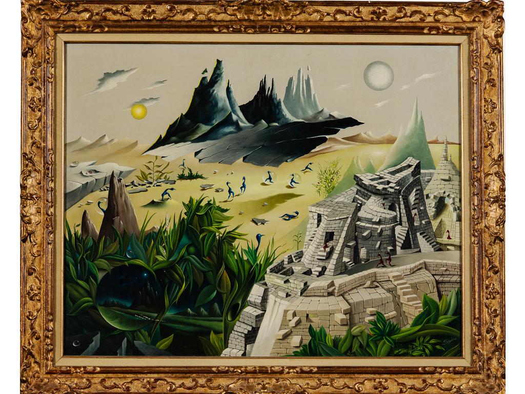 Georges SPIRO (1909-1999) : Paysage surréaliste. Huile sur toile signée en bas à droite. (Deux éraflures dans la verdure au côté gauche). Dim : 73 x 92 cm.