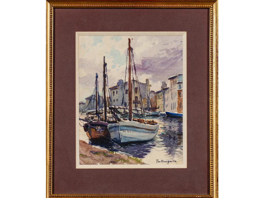 Pierre DE CHAMPEVILLE (1885-1950) : Le port de Martigues. Aquarelle signée en bas à droite. Dim : 24 x 19 cm.