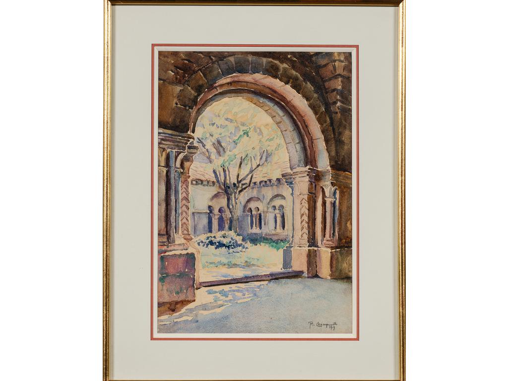Pierre DE CHAMPEVILLE (1885-1950) : Le cloître. Aquarelle signée en bas à droite et datée 1919. Dim : 34 x 24 cm.
