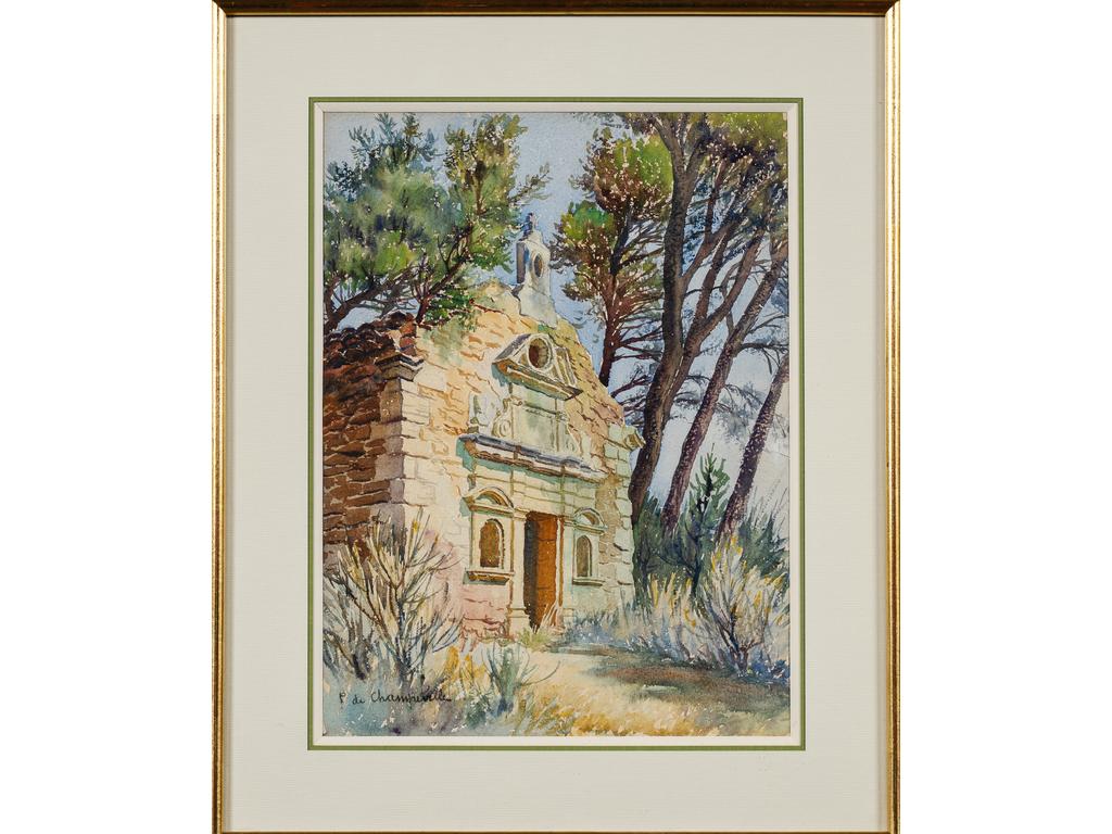 Pierre DE CHAMPEVILLE (1885-1950) : Chapelle Saint-Cécile. Aquarelle signée en bas à gauche. Dim : 37 x 27 cm.