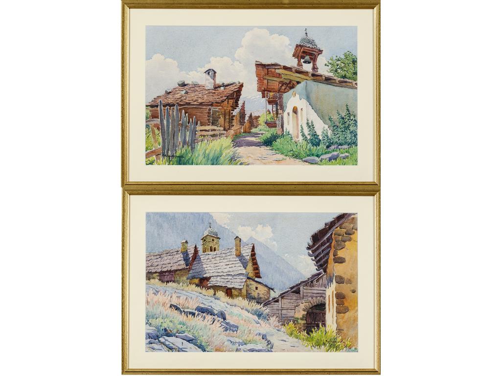 Pierre DE CHAMPEVILLE (1885-1950) : Hameau dans les Alpes. Deux aquarelles signées. Dim : 37 x 55 cm.