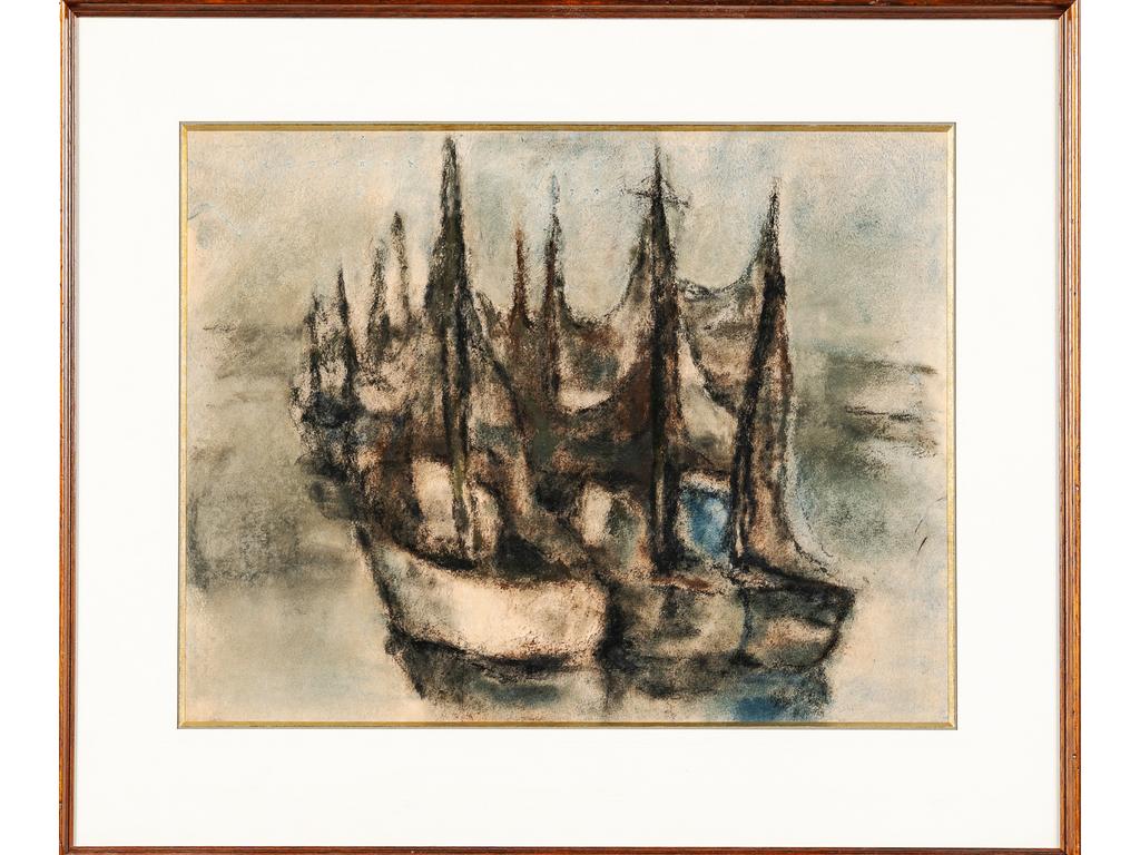 Ibrahim SHAHDA (1929-1991) : Les bateaux. Pastel signé en bas à droite. (Légères traces de pliures). Dim : 48 x 62 cm.