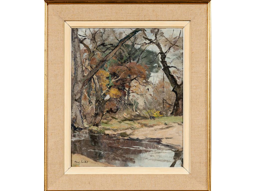 Paul SURTEL (1893-1985) : Bord de l'Auzon à Carpentras. Huile sur carton signée en bas à gauche et datée 1953. Dim : 41 x 33 cm.
