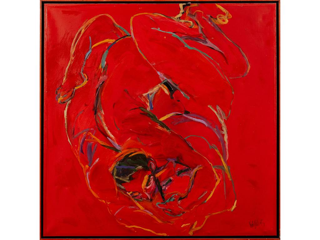 Frank WOHLFAHRT (1942- 2010) : Composition au personnage rouge. Huile sur toile signée en bas à droite et datée 91. (Un enfoncement). Dim : 130 x 130.5 cm