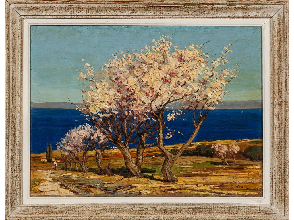 Gustave VIDAL (1895-1966) : Amandiers en fleurs. Etang de Berre. Huile sur panneau signée en bas à droite. Titrée au revers. Dim : 54 x 73 cm.