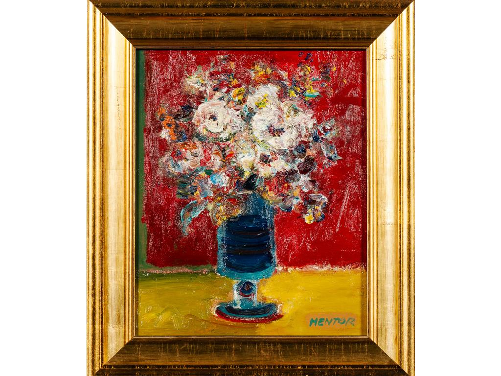 Blasco MENTOR (1919-2003) : Bouquet de fleurs. Petite huile sur toile signée en bas à droite. Dim : 27 x 22 cm.