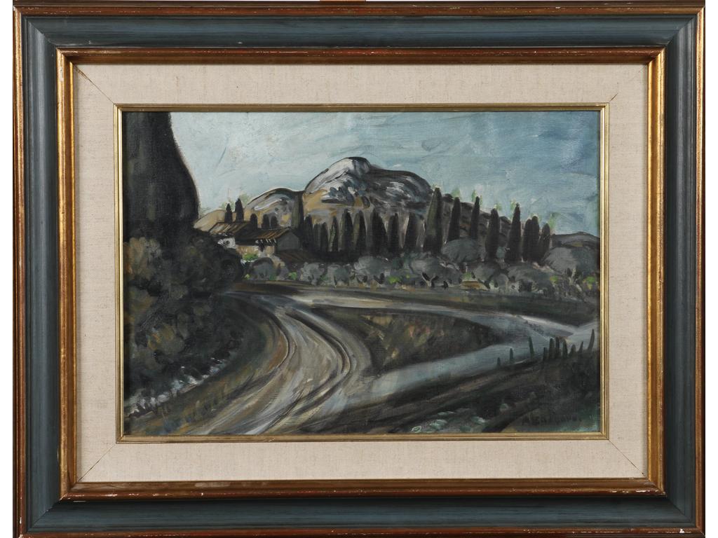 Auguste CHABAUD (1882-1955) : Cyprès dans la Montagnette. Huile sur toile signée en bas à droite et titrée au revers sur le châssis. Dim : 38 x 55 cm.