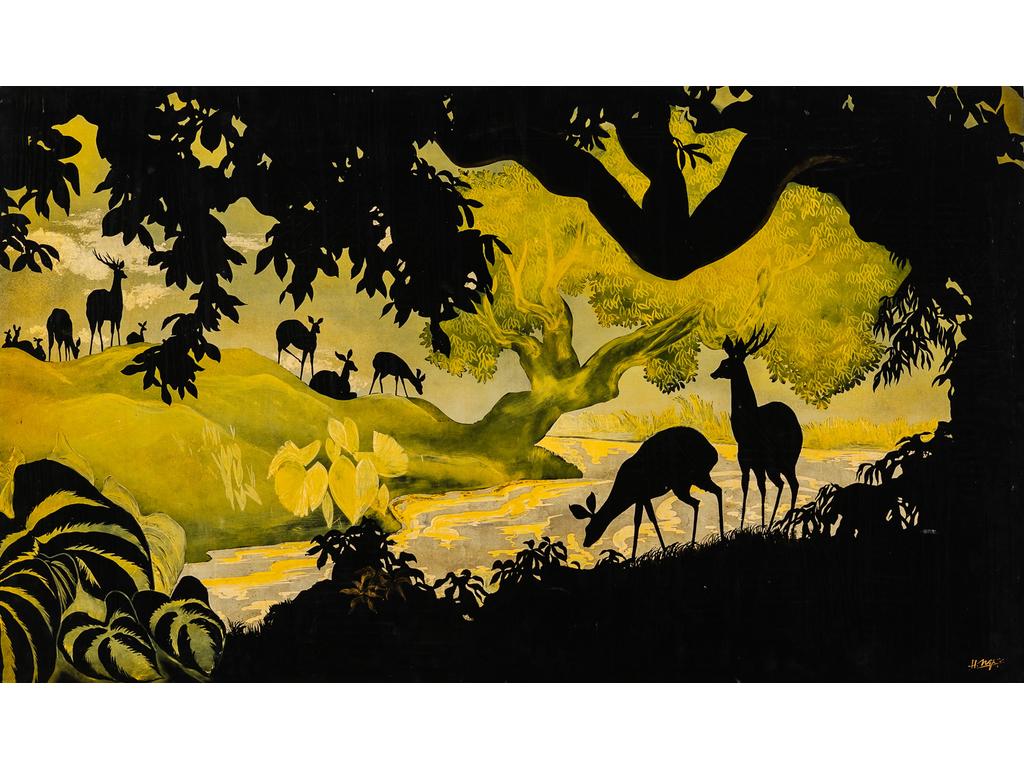 H. N. GOC, Ecole Vietnamienne du XXème siècle : Biches et cerfs au bord de la rivière. Panneau de bois laqué et doré signé en bas à droite. Dim : 60 x 100.5 cm.