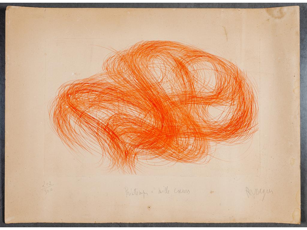 Jean MESSAGIER (1920-1999) : Trois lithographies : Soleil endormi (240/300), carte de visite de la lune (233/300) et printemps à mille coeurs (202/300). Dimensions des feuilles : 48 x 65 cm. (Non encadrées, papier tâché et abimé)