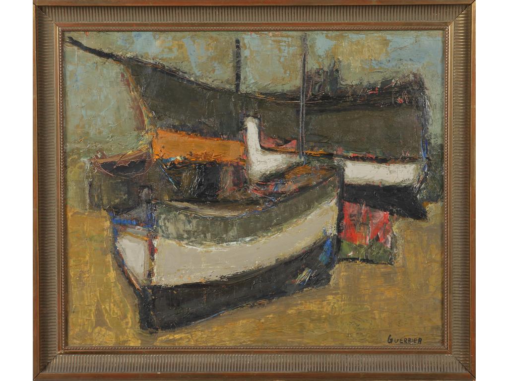 Raymond GUERRIER (1920-2002) : Les barques. Huile sur toile signée en bas à droite. (Craquelures). Dim : 46 x 55 cm.