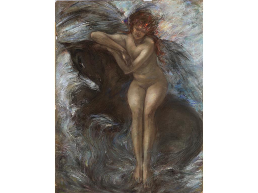 Ecole Moderne : Amazone. Pastel. (Non encadré). Dimensions : 65 x 50 cm. (Bords émoussés, petite déchirure)