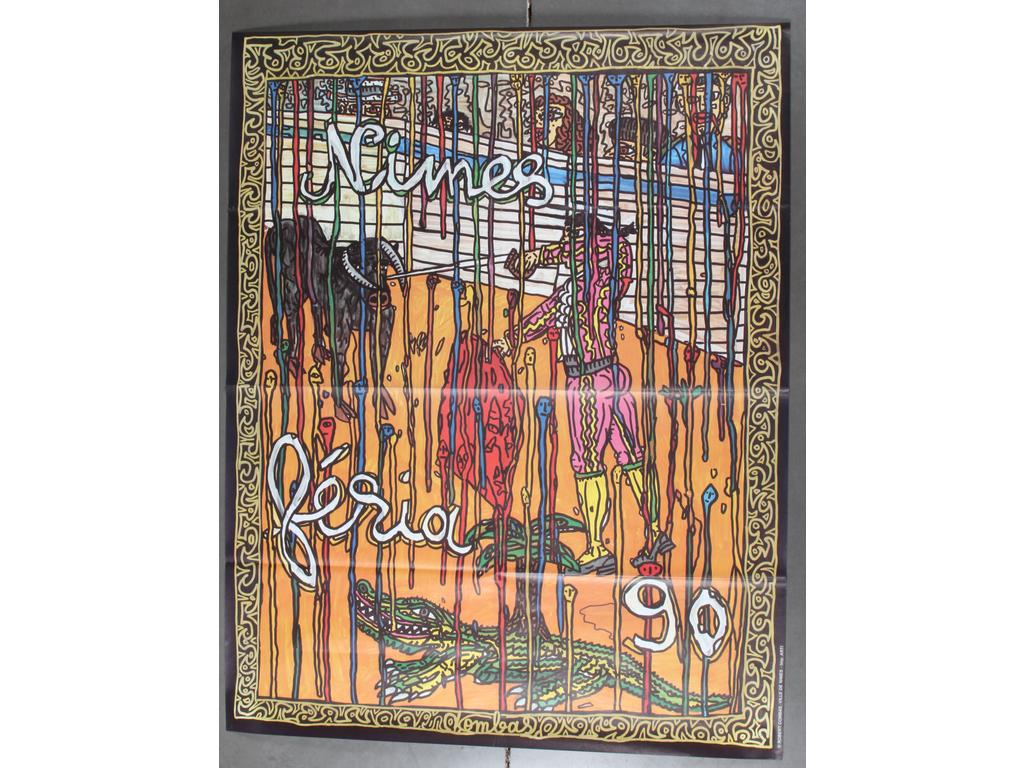 D'après Robert COMBAS : Nîmes, Feria 90. Affiche imprimée par Arti. Dim : 150 x 118 cm. (Pliures)