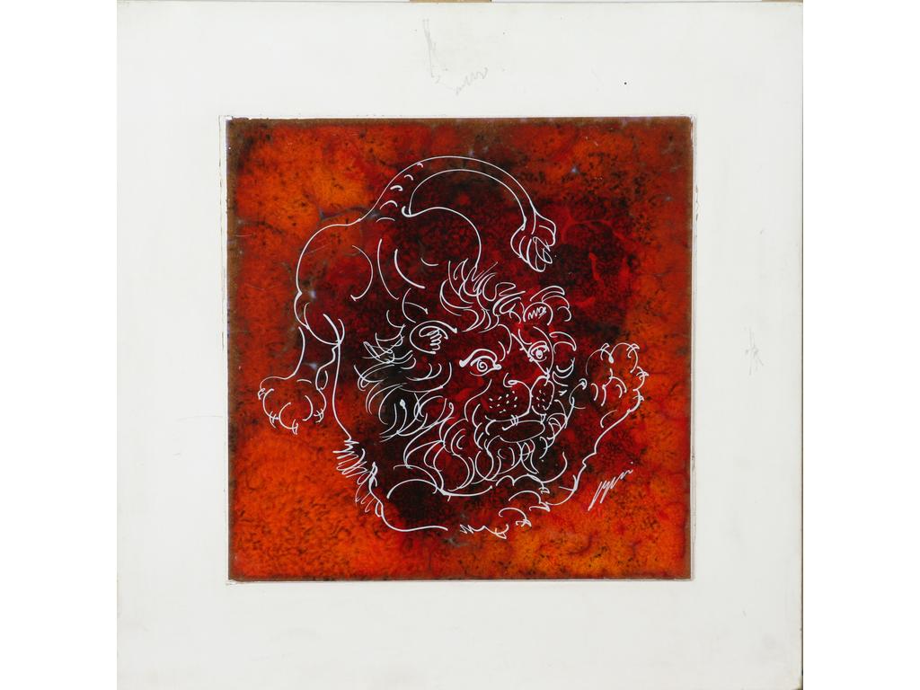 Hans ERNI (1909-2015) : Le lion et le bélier. Paire de plaques en céramique émaillée et peinte. Signées. Dimensions : 30 x 30 cm