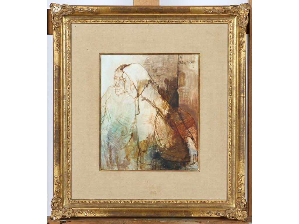 Jean JANSEM (1920-2013) : Couple de femmes. Huile sur toile signée en haut à droite. Dim : 25 x 20 cm.