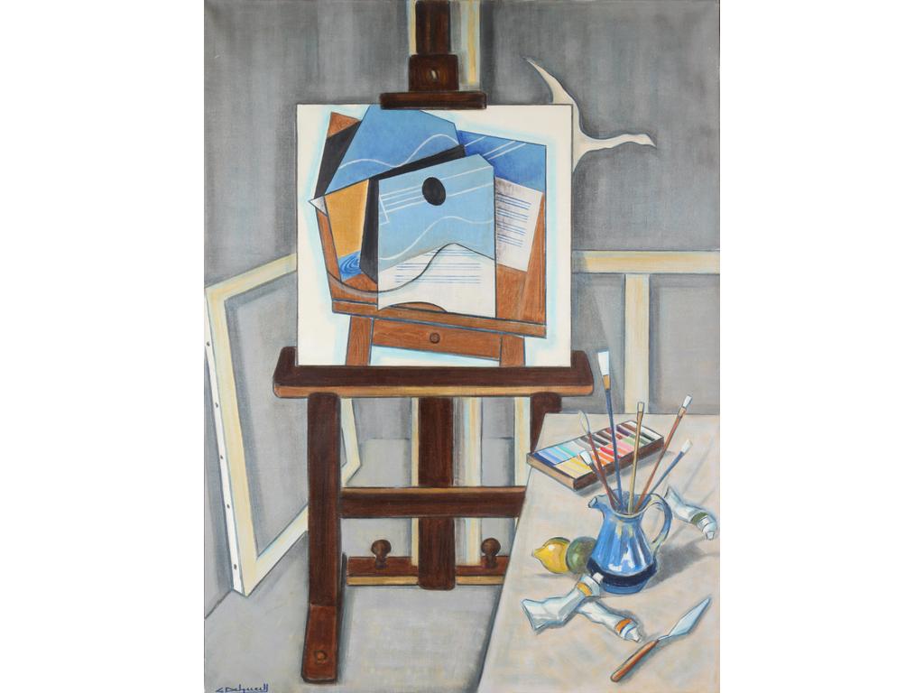 Gérard DELPUECH (1933-2005) : Hommage à Georges Braque. Huile sur toile signée en bas à gauche et titrée au dos. Dim : 131 x 97 cm.