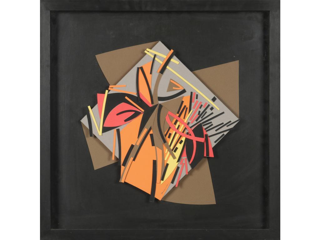 Michel TRINQUIER (1931) : Composition. Découpage et collage. Signé en bas au milieu. Dans un encadrement sous-verre. Dim : 64 x64 cm.