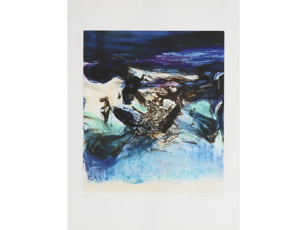 ZAO Wou Ki :  (1921-2013) :  Composition en bleue. Gravure en couleur sur vélin de Rives. Timbres sec Atelier Lacourière, Paris. Signée en bas à droite dans la marge et datée (19)78. Tirage numéroté 41/99. Dim impression : 49.5 x 43 cm. Dim feuille: 76 x 56.5 cm. (Infimes rousseurs dans la marge)