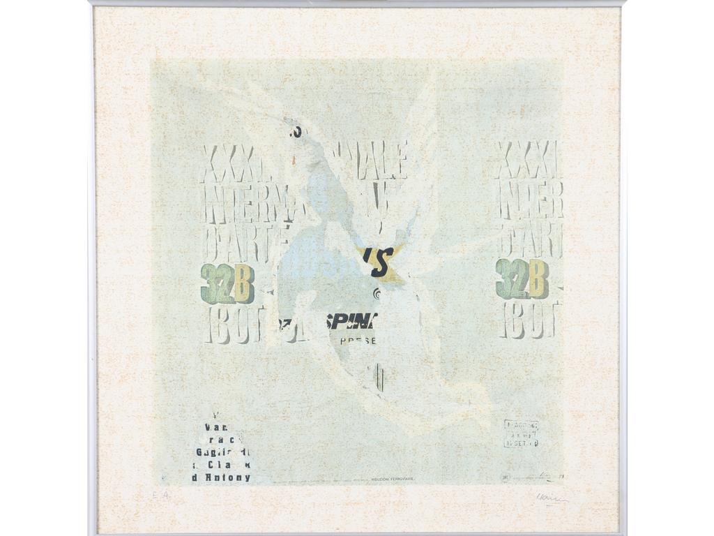 Raymond HAINS (1926-2005) : Biennale. Lithographie signée en bas à droite et justifiée E-A. Dim : 50 x 50 cm.