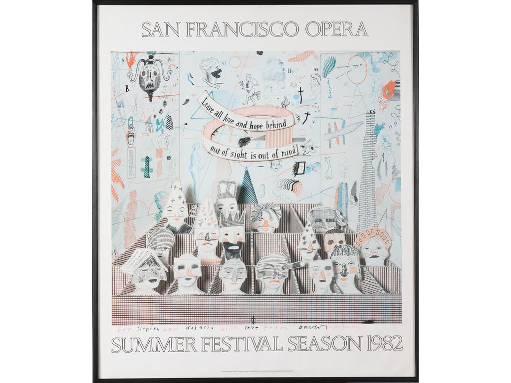 Affiche pour le San Francisco Opera par David HOCKNEY: The rake's progress (Bedlam) 1982 summer festival season. Imprimée par Press Petersburg en Angleterre. Dimensions : 98 x 83 cm. Dédicacée au feutre par David Hockney 