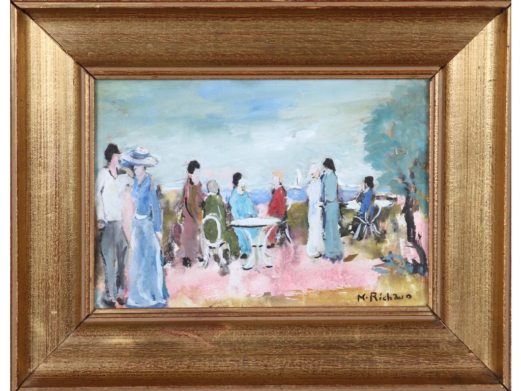 Maxime RICHAUD (1924-1994) : Scène animée de personnages. Petite huile sur toile signée en bas à droite. Dim : 18 x 26 cm