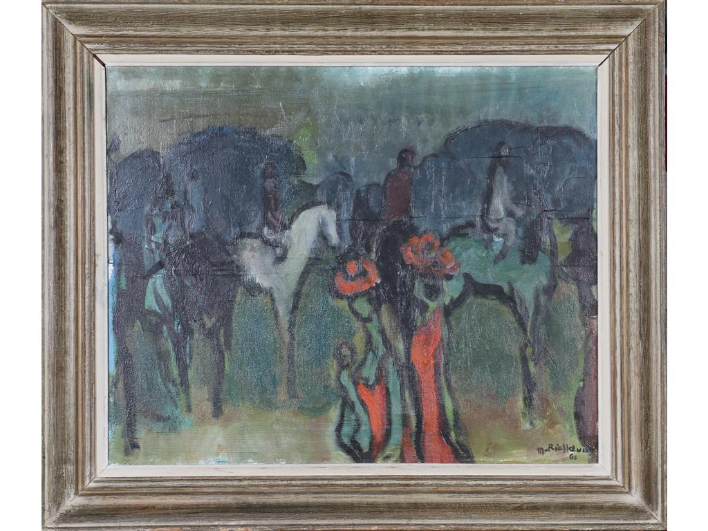 Maxime RICHAUD (1924-1994) : Au champ de courses. Huile sur toile signée en bas à droite et datée 66. Dim : 54 x 66 cm