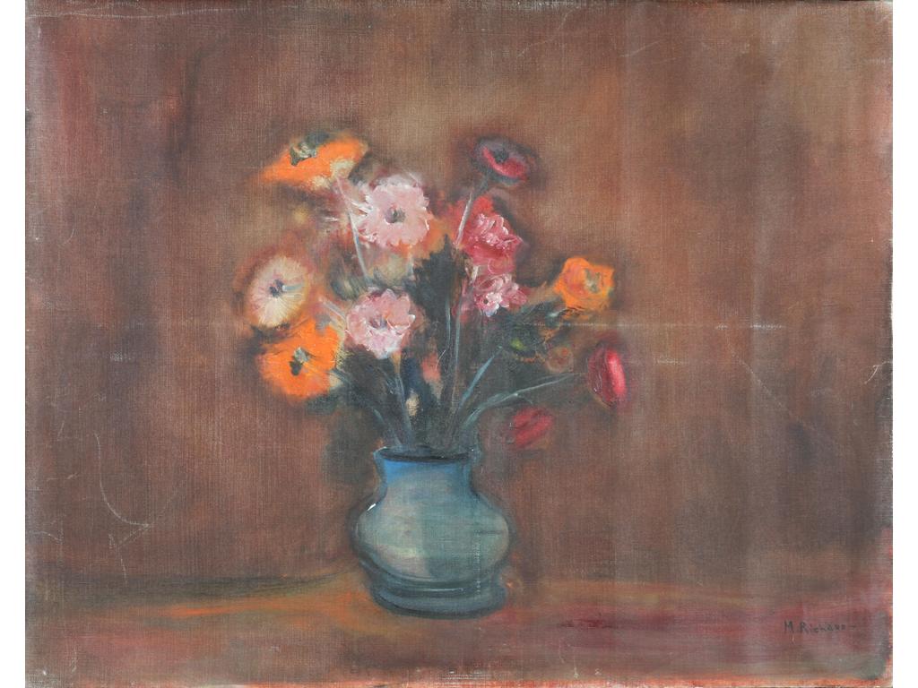 Maxime RICHAUD (1924-1994) : Vase de fleurs. Huile sur toile signée en bas à droite (rayures, éraflures, sans cadre). Dim : 72 x 91 cm