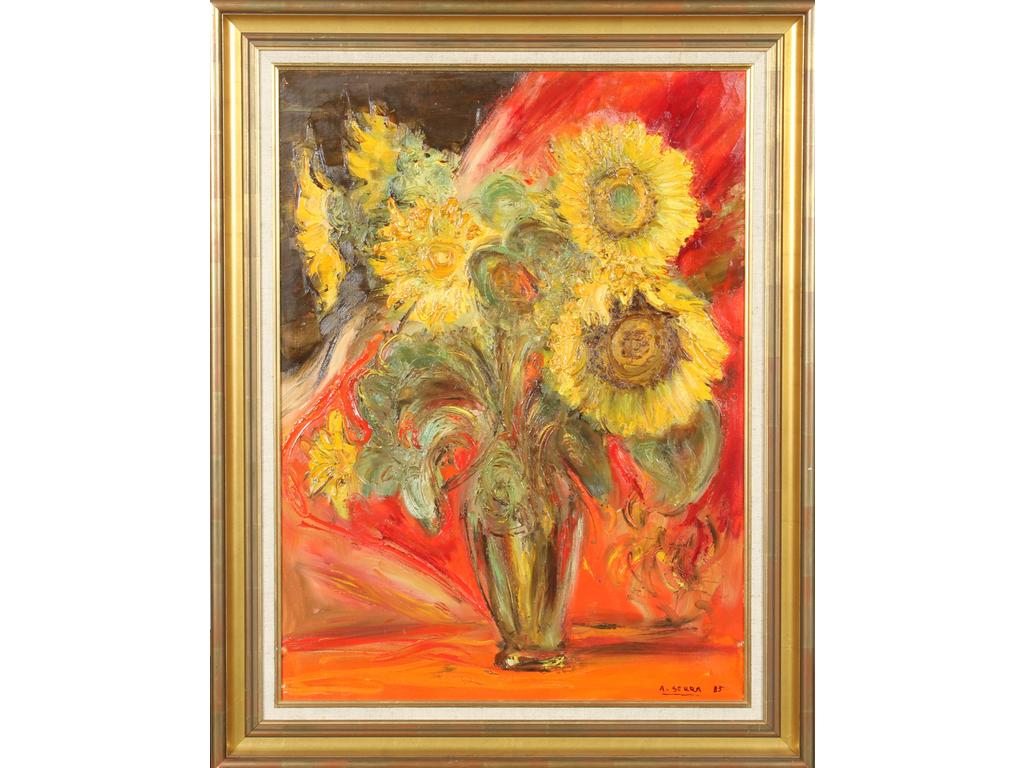 Antoine SERRA (1908-1995) : Nature morte au bouquet de tournesols. Huile sur toile, signée en bas à droite et datée (19)85. Dim. : 72x52cm.
