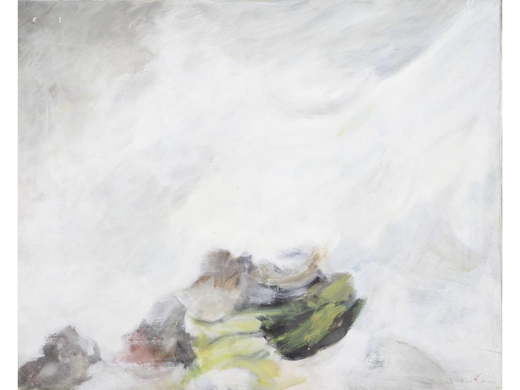 Robert DROULERS (1920-1994) : Composition. Huile sur toile, signée bas à droite. Située à Murs au revers. Dim. : 81x100cm. (Petits accrocs et tâches).