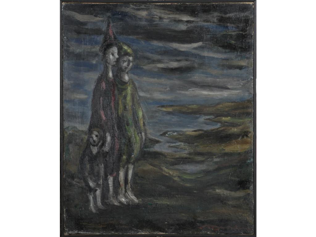 Robert DROULERS (1920-1994) : Famille de saltimbanques. Huile sur toile, signée en bas à droite. Dim. : 46x37,5cm. (Période Lambersart près de Lille).