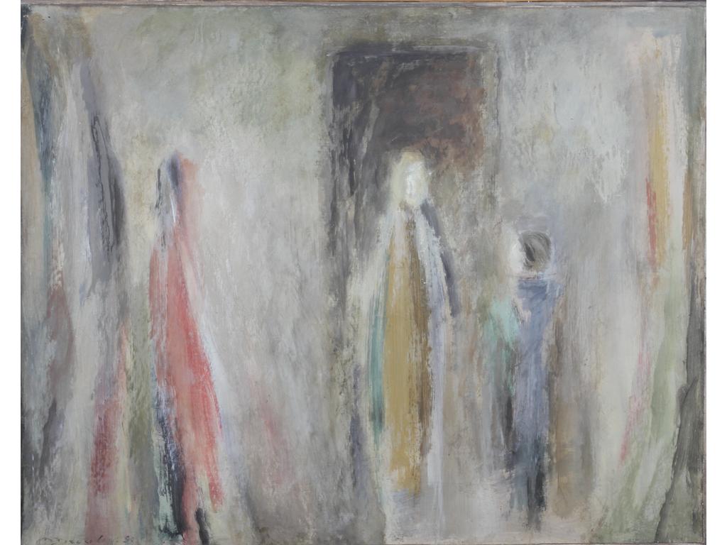 Robert DROULERS (1920-1994) : Personnages. Technique mixte sur papier marouflé sur toile, signée bas gauche et datée 90. Dim. : 79x100cm. Située à Saint Rémy au revers.