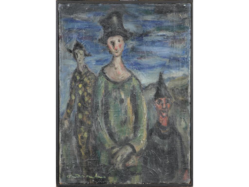 Robert DROULERS (1920-1994) : Personnages et Arlequin. Huile sur toile, signée bas à gauche. Dim. : 33x 24cm.