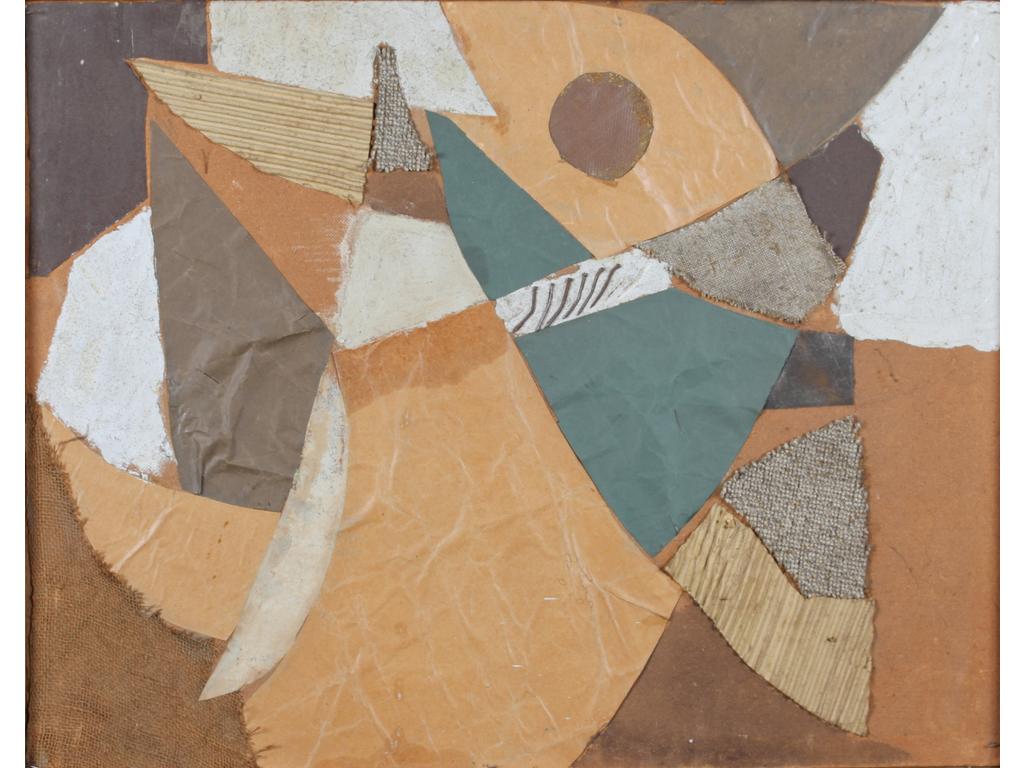 Robert DROULERS (1920-1994) : Composition. Collage sur isorel. Etiquette 1954 au revers avec contresignature. Dim. : 75x95cm.