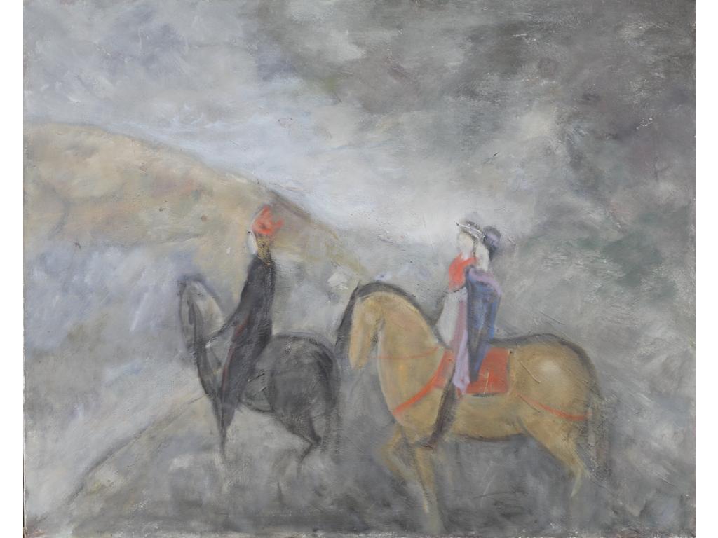 Robert DROULERS (1920-1994) : Cavaliers. Huile sur toile. Dim. : 80x100cm.
