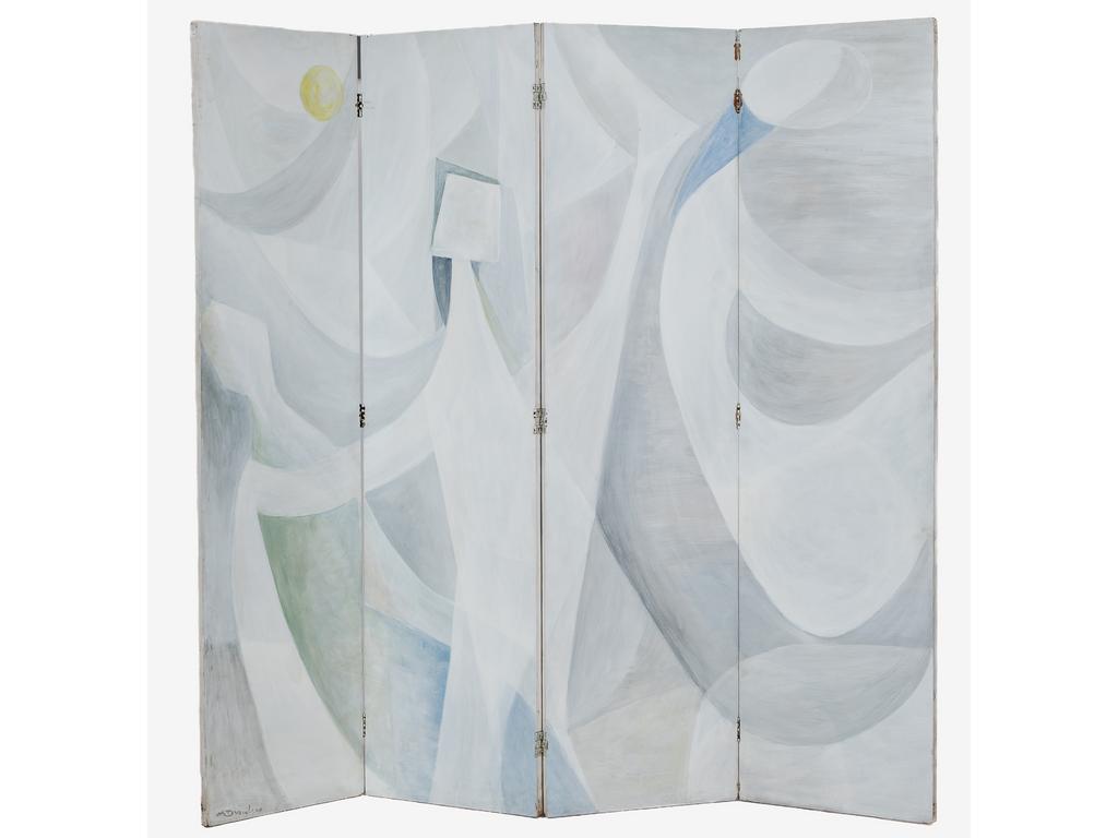 Robert DROULERS (1920-1994) : Paravent abstrait. Huile sur quatre feuilles en bois dont une signée bas à gauche. Dim. de chaque feuillets : 197x53cm (Eclats et salissures).