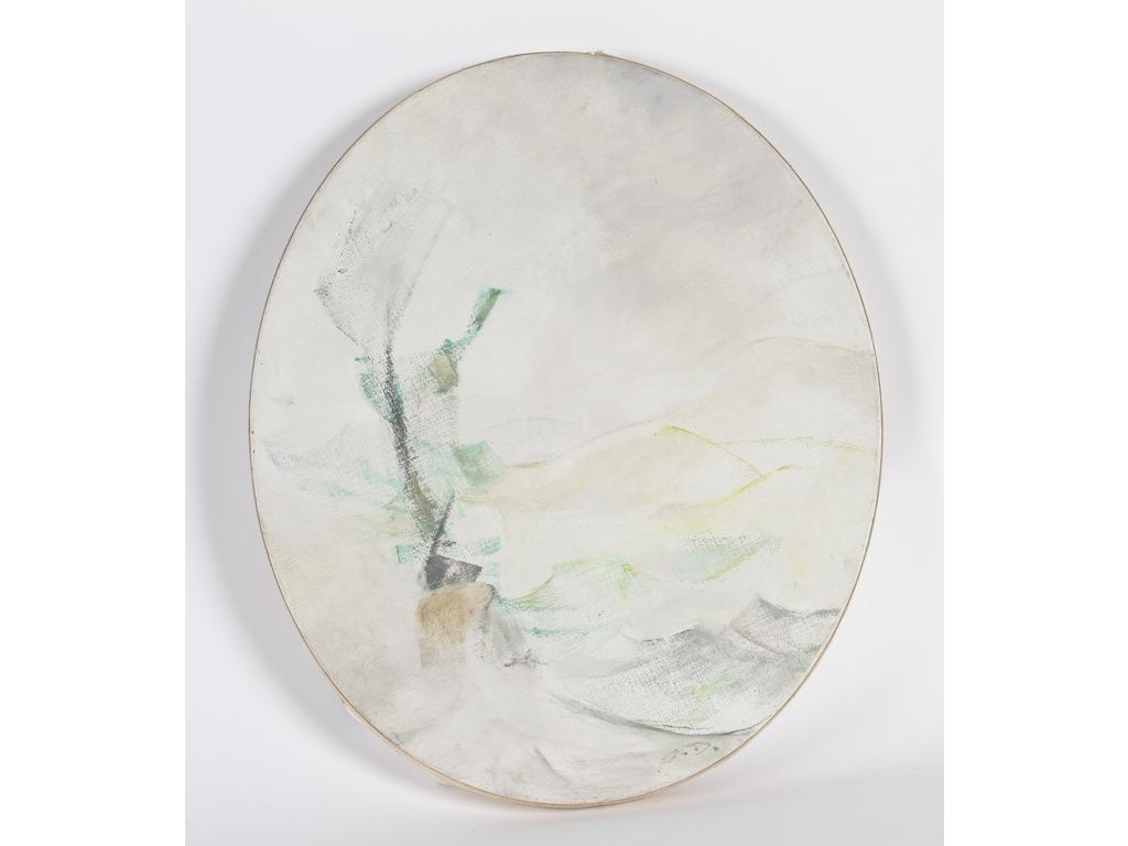 Robert DROULERS (1920-1994) : Composition dans un ovale. Huile sur toile, monogrammée bas à droite. Dim. : 46x38cm.