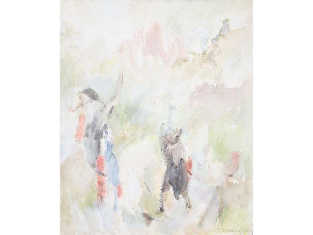 Robert DROULERS (1920-1994) : Personnages. Huile sur toile, signée bas droite. Située au dos Murs 1984. Dim. : 73x61cm.