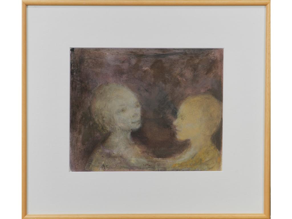 Robert DROULERS (1920-1994) : Le Couple. Huile sur papier. Dim. : 20,5x25,5cm.