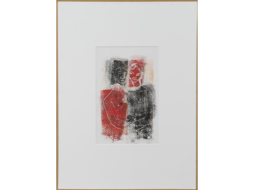 Robert DROULERS (1920-1994) : Le Couple. Dessin à la pointe et rouleau. Dim. : 20x12,5cm.